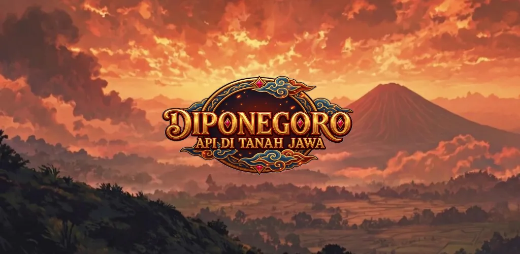 Logo Diponegoro: Api di Tanah Jawa dengan lanskap gunung saat senja.