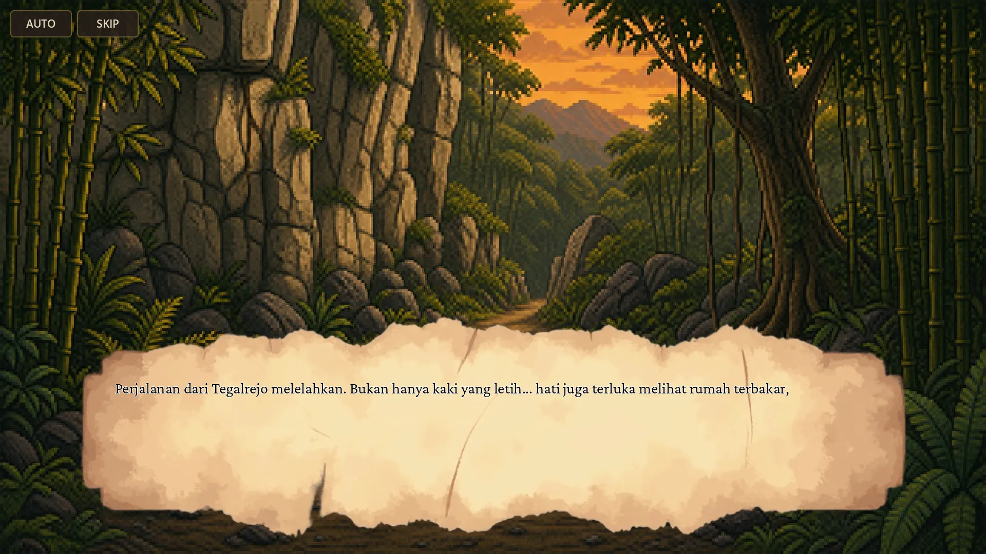 Adegan cerita di hutan dengan panel dialog bergaya perkamen.