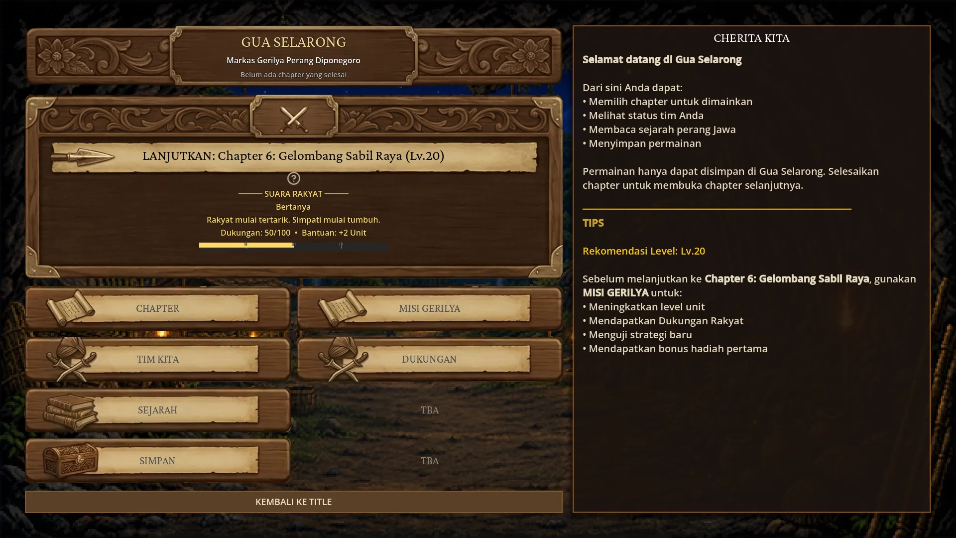 Antarmuka Gua Selarong dengan pilihan chapter dan perkembangan tim.